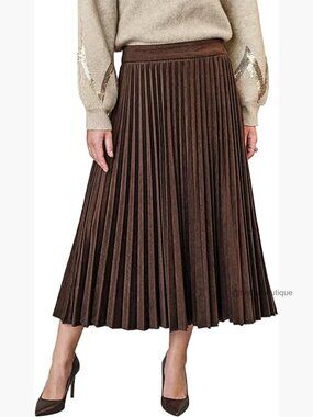 Pleated Midi Skirt A-Line Velvet High Waist Long Dressy Bottom